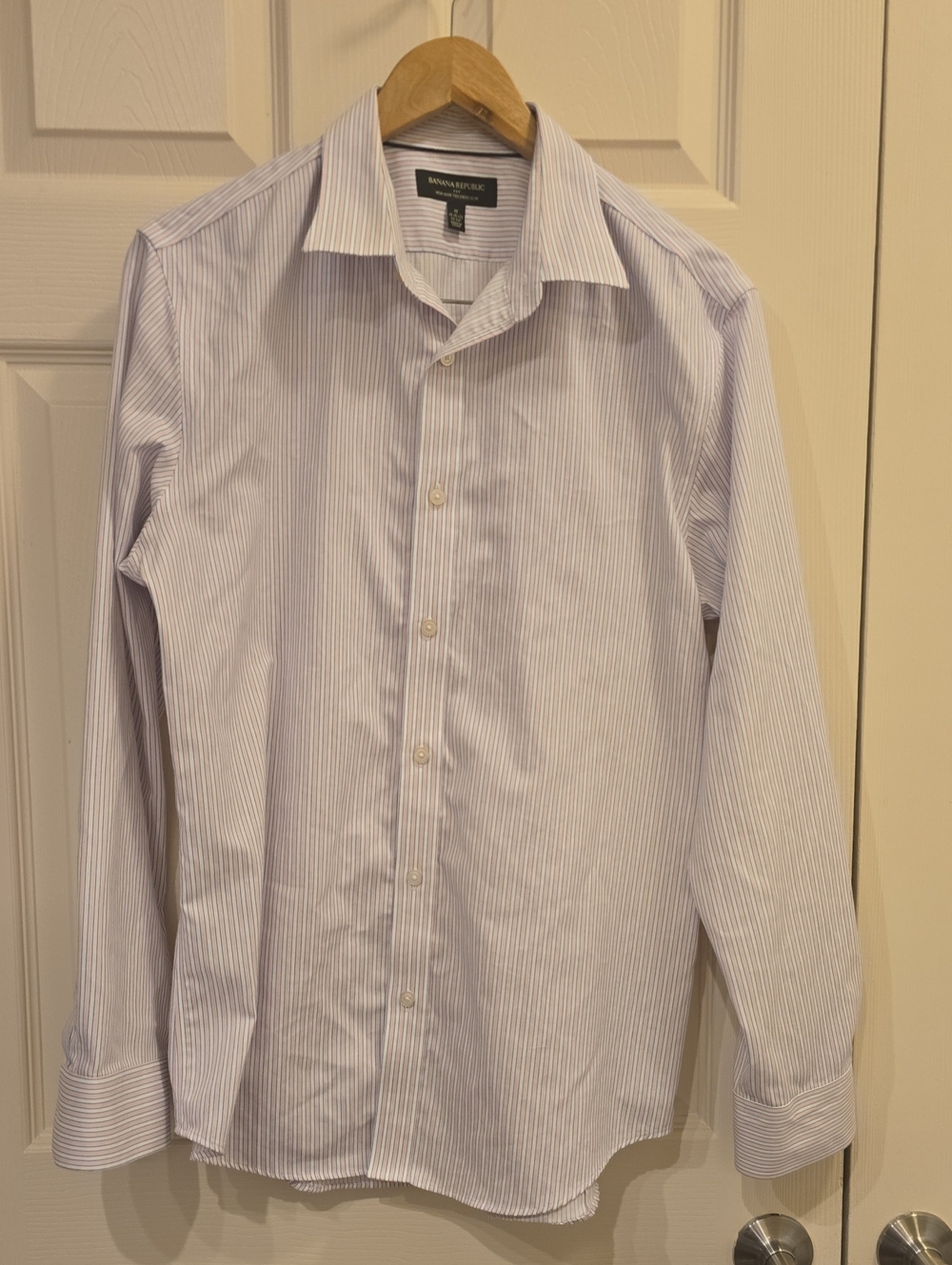 Banana Republic Men's White Shirt with PINK and  Light Blue Pinstripes